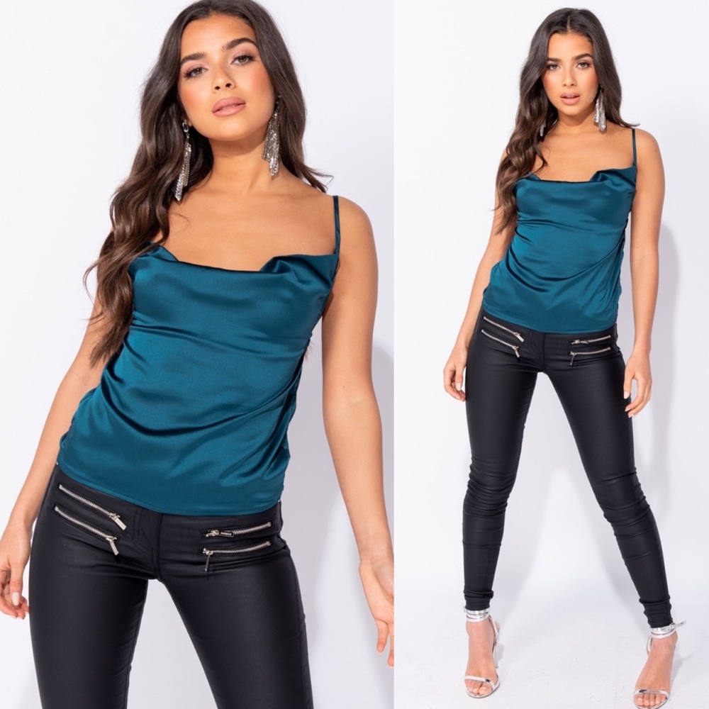 Maddix Turquoise Satin Cowl Neck Cami Top